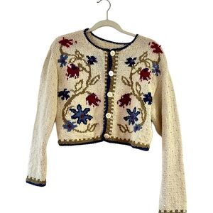 Vintage 90s Cropped Floral Embroidered Cardigan Sweater